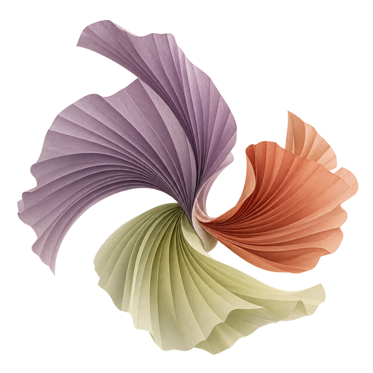Delicate pleated paper fans in lavender, coral and pale citron meet in one flowing, open form.